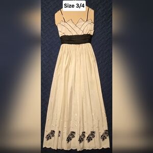 Elegant White and Black A-Line Women's Dress with Scalloped Hem and Embroidery